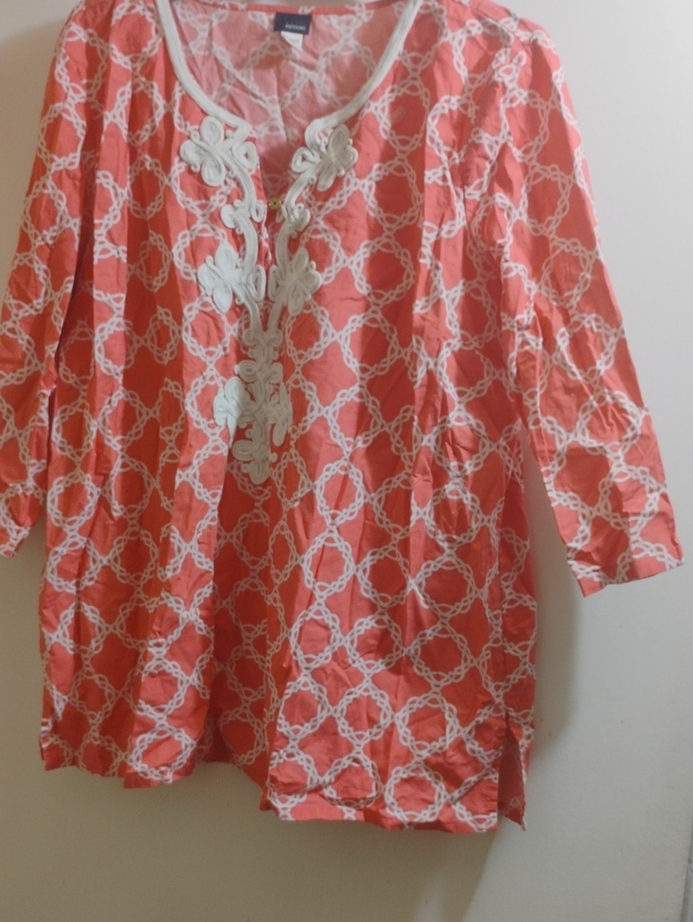 Basic Editions Coral Tunic with White Chain Print and Embroidered Placket